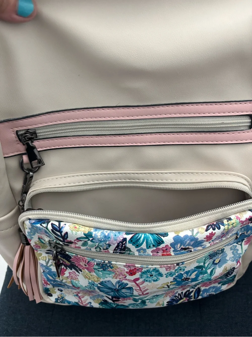 Cream and Pink Floral Front Pocket Women's Backpack